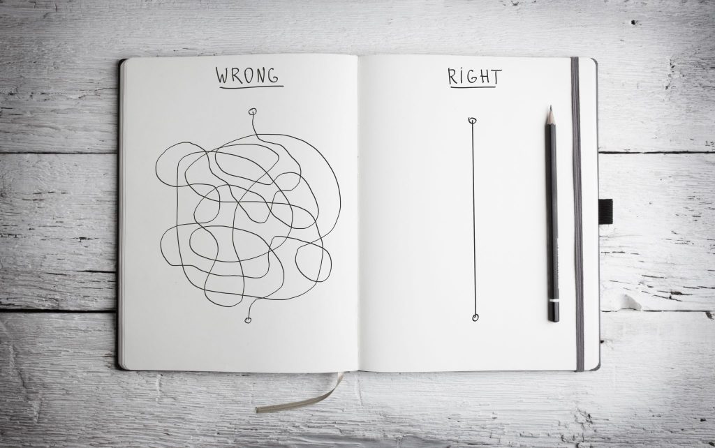 A book displaying a scribble line on the left page and on the right a straight line