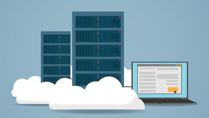 Graphic of web servers, computer screen and clouds