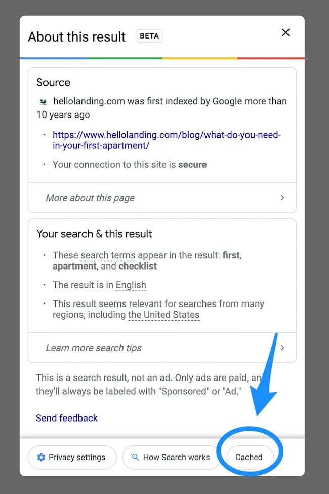 Google information page with an arrow pointing to "Cached"