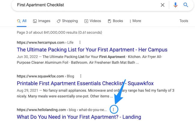 Google search results page for "First Apartment Checklist"