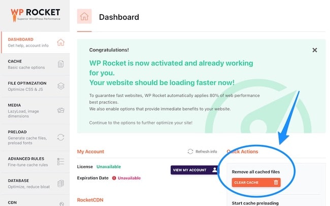 WP Rocket dashboard with an arrow pointing to "Remove all cached files"