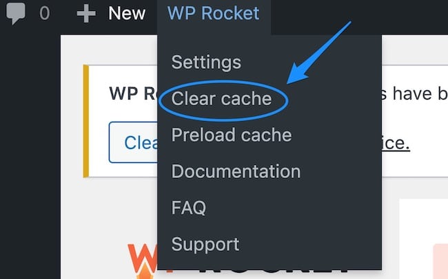 WP Rocket menu with an arrow pointing to "Clear cache"