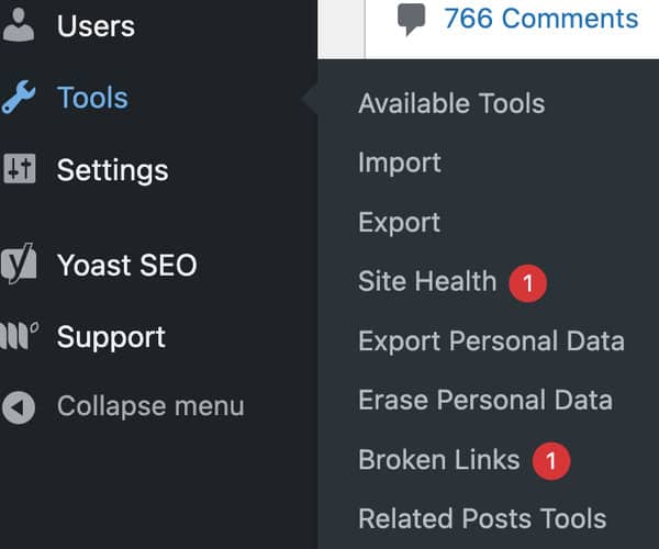screenshot of WordPress broken link checker tool