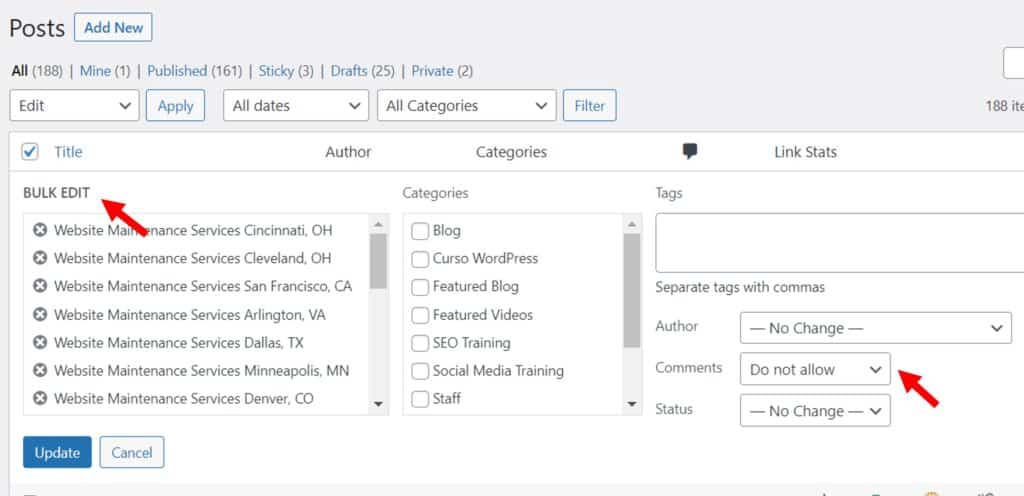 bulk edit menu and turn off commenting feature in posts section of wordpress admin