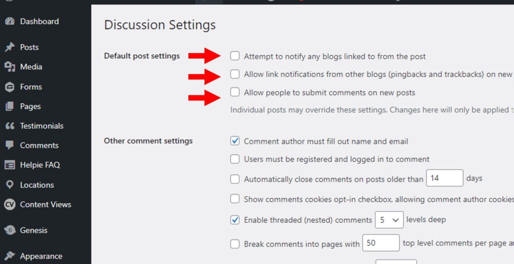 discussion settings in wordpress admin