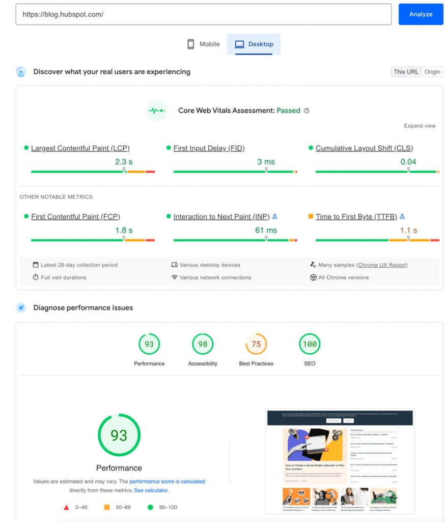 screenshot of page speed insights for desktop