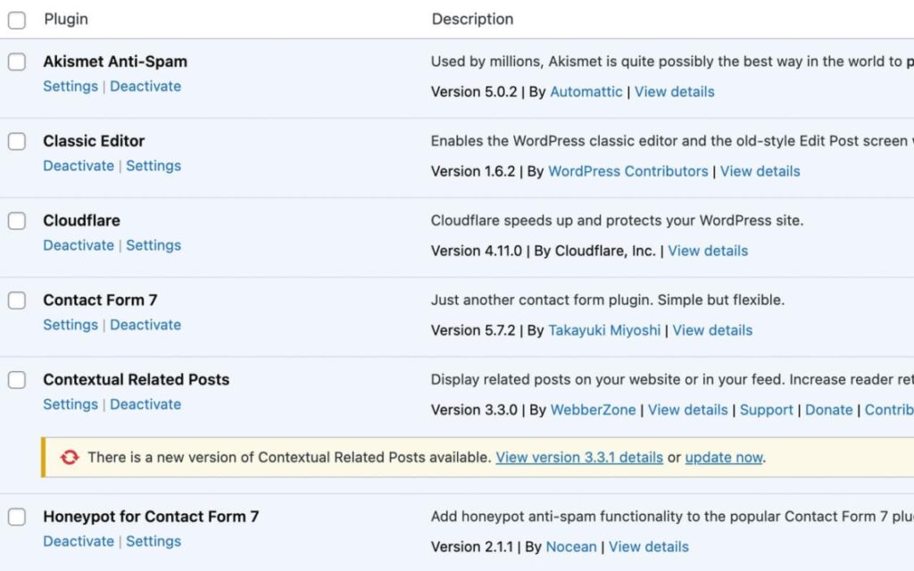 screenshot of WordPress plugin notifications