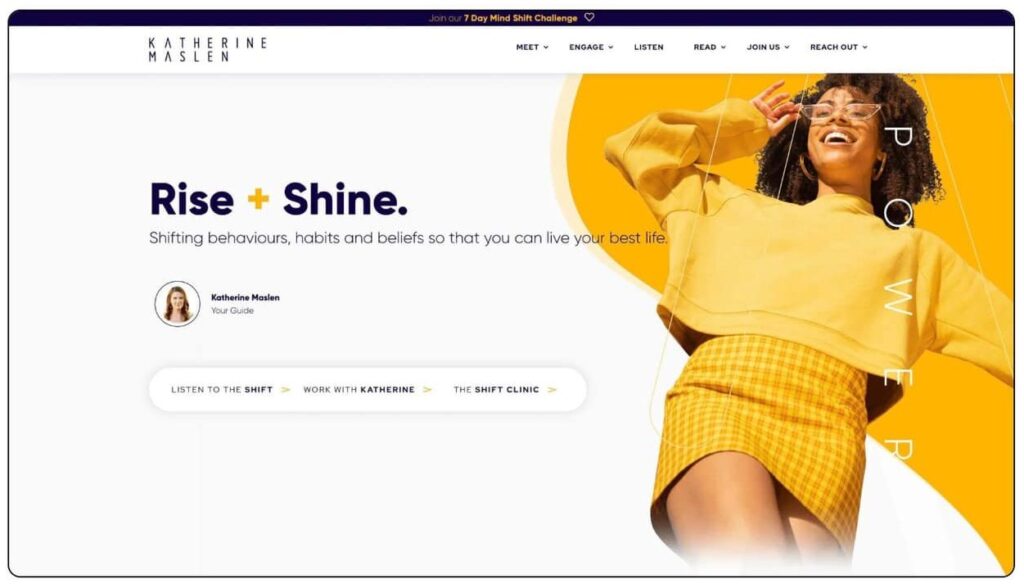 website home page featuring a woman in yellow sweater and skirt