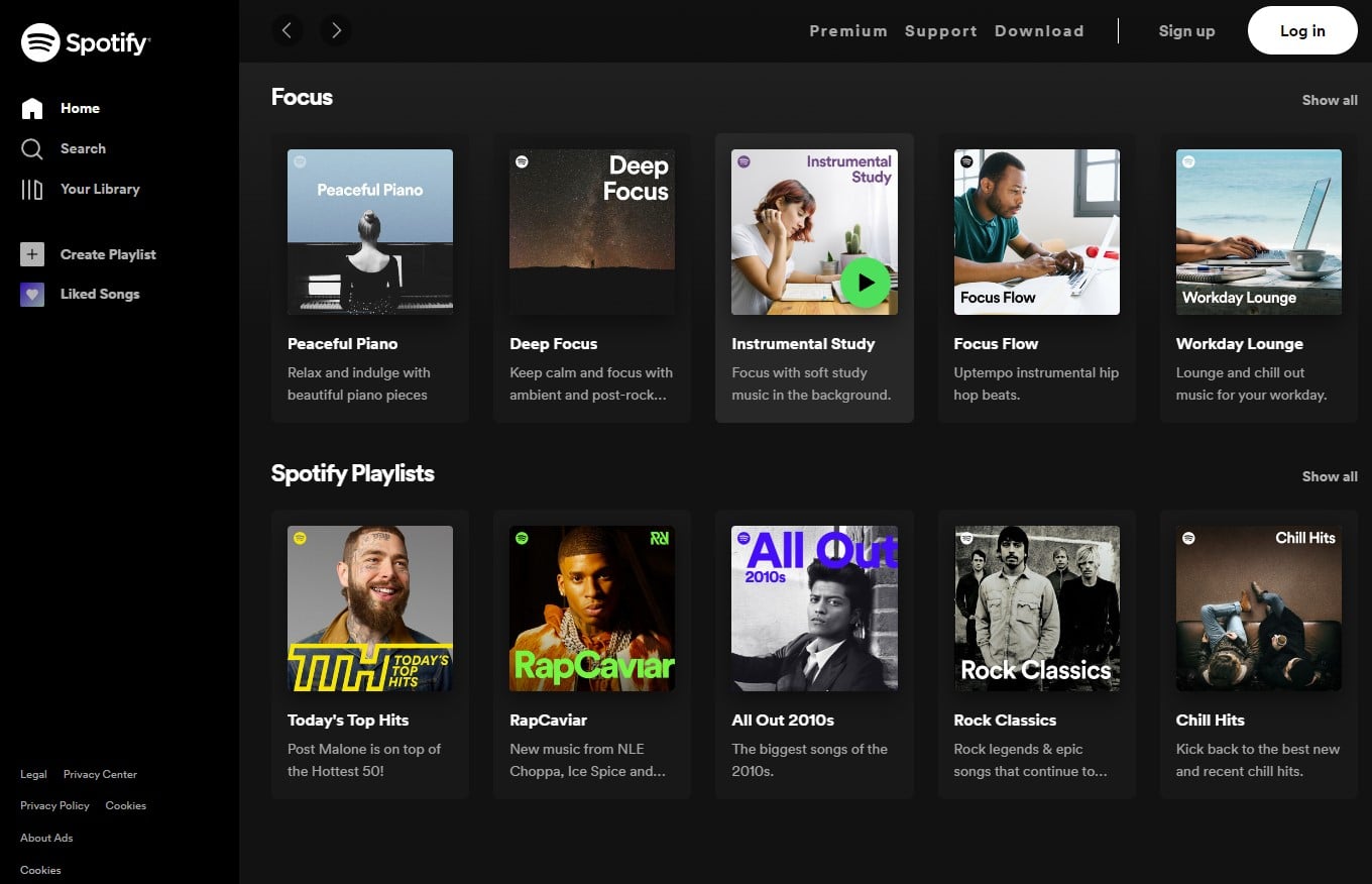 screenshot of the Spotify website